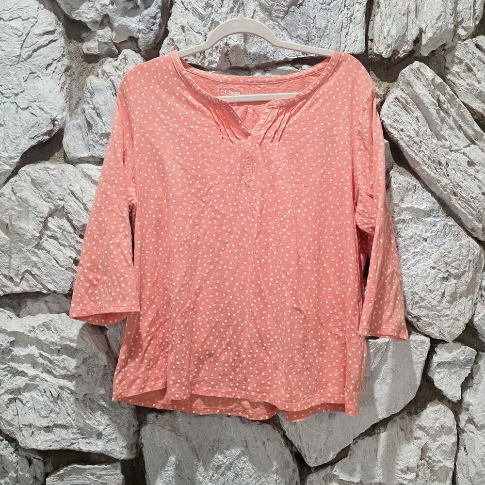 L.L.Bean 100% Cotton Polka Dot V Neck 1X Plus Women's 3/4 Sleeve Top Orange